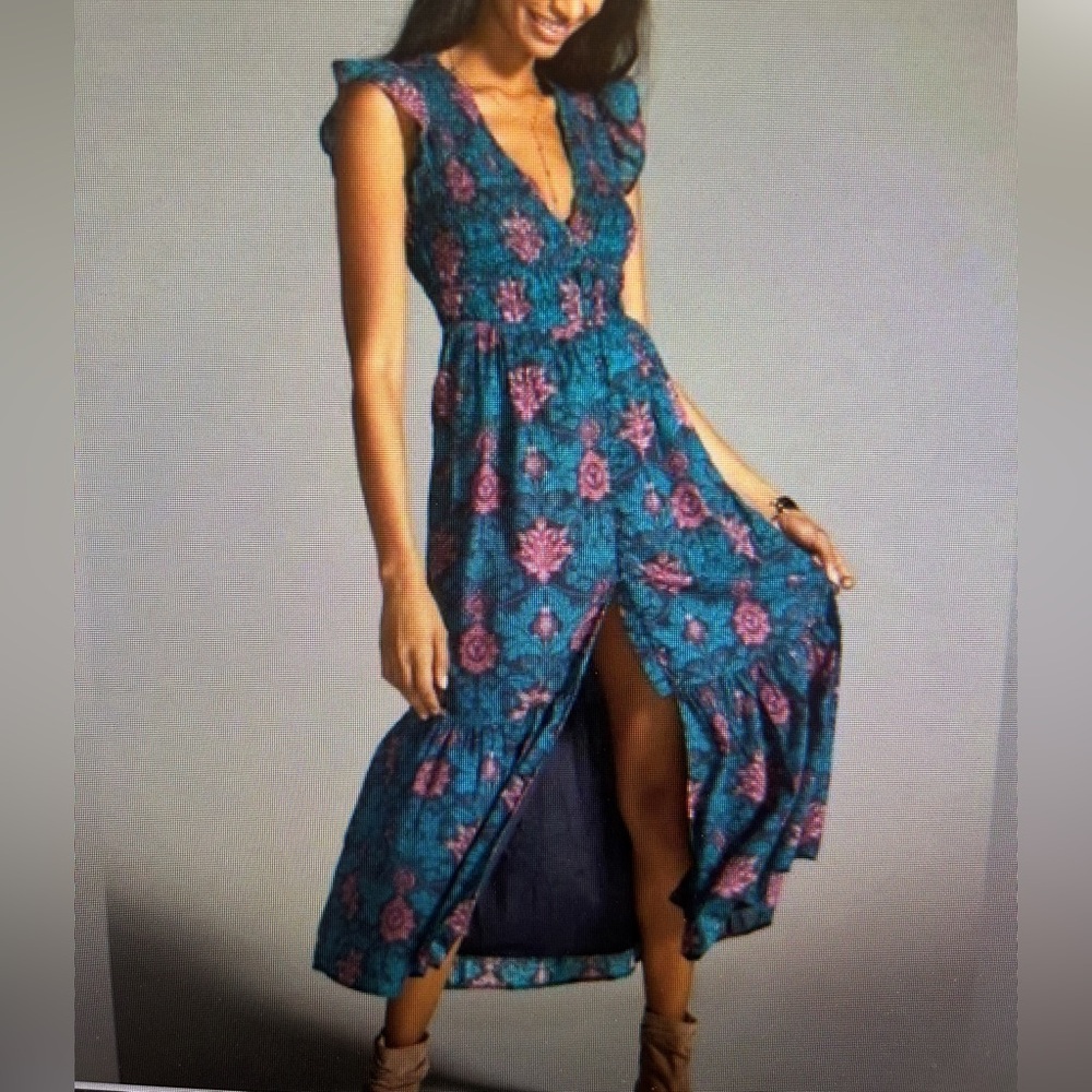 Anthropologie Blue and Pink Floral Maxi Dress